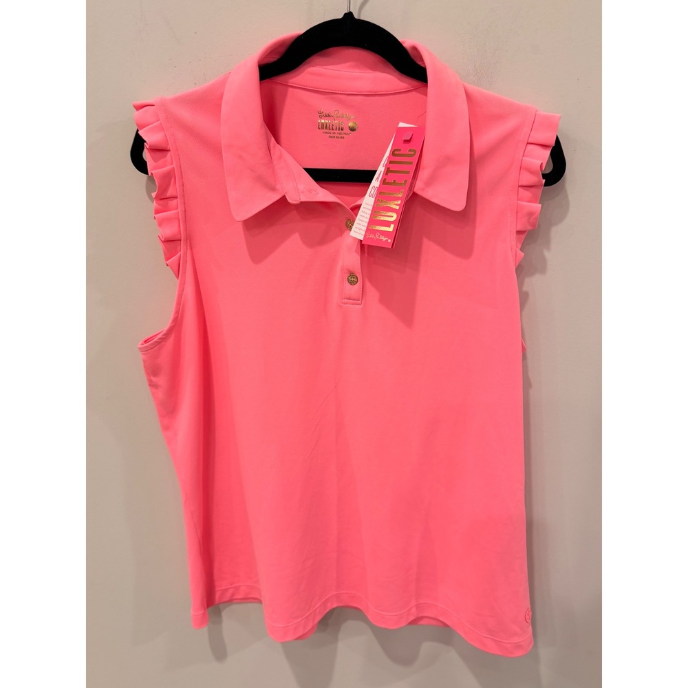 Lilly Pulitzer Luxletic Frida Sleeveless Ruffle Polo Lillys Coral Pink XL 006112